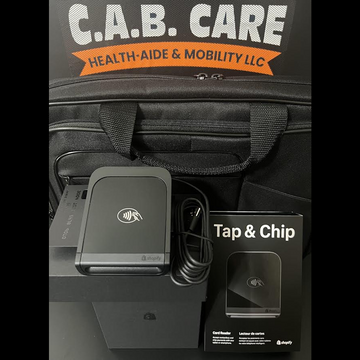 C.A.B. Care Health Aide & Mobility LLC product with card reader and packaging on a black background
