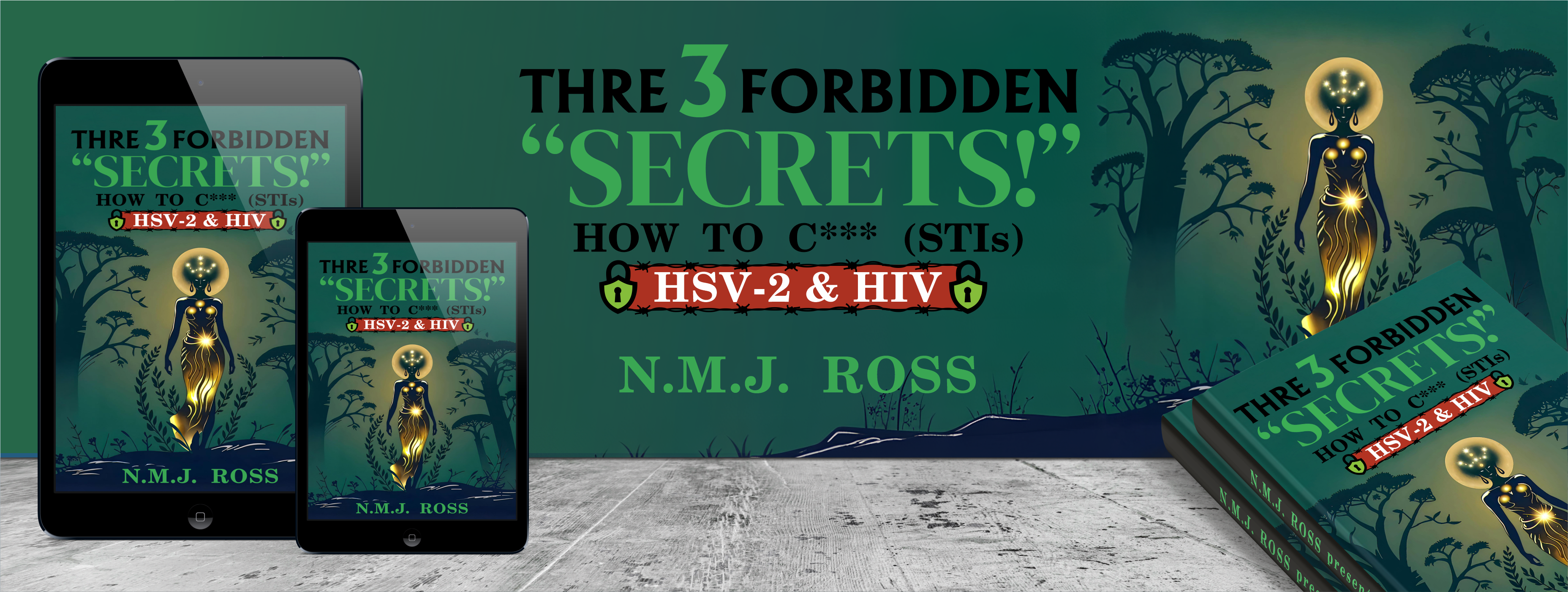 Book and tablet displaying 'Three Forbidden Secrets' by N.M.J. Ross with a forest background1621243260e1af0c20-0