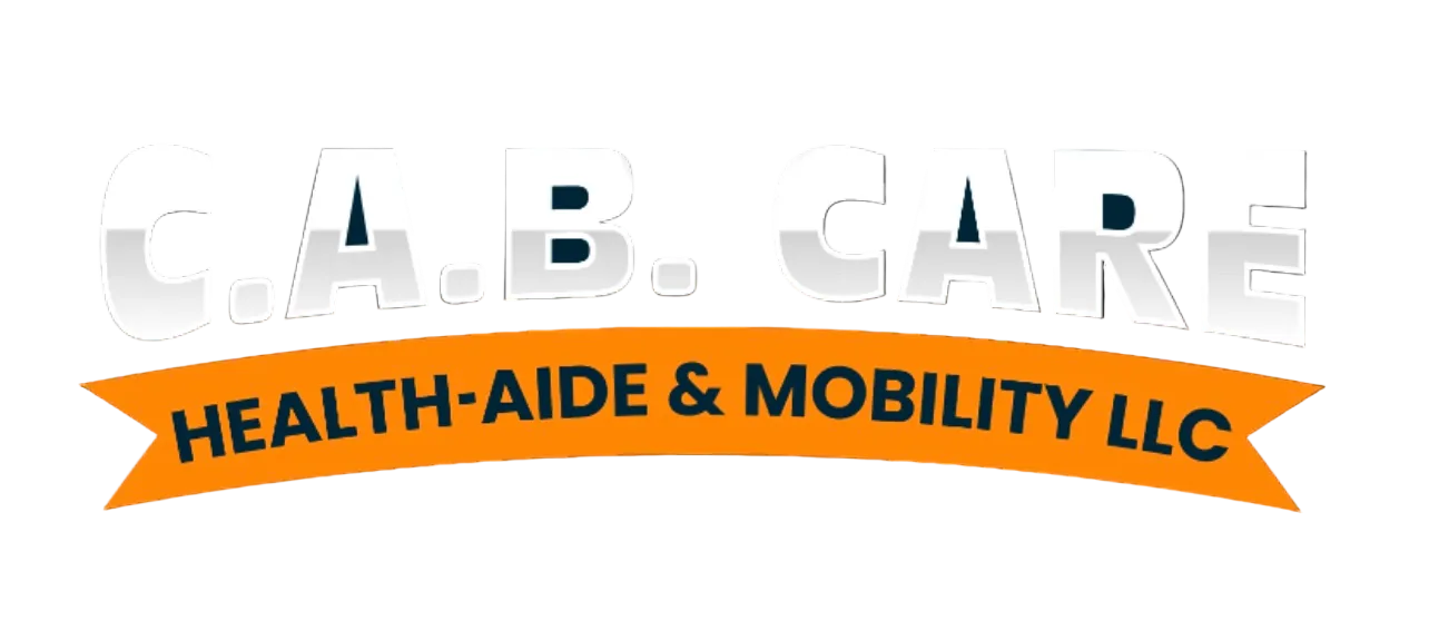 Logo of C.A.B. Care Health-Aide & Mobility LLC with an orange banner on a white background
